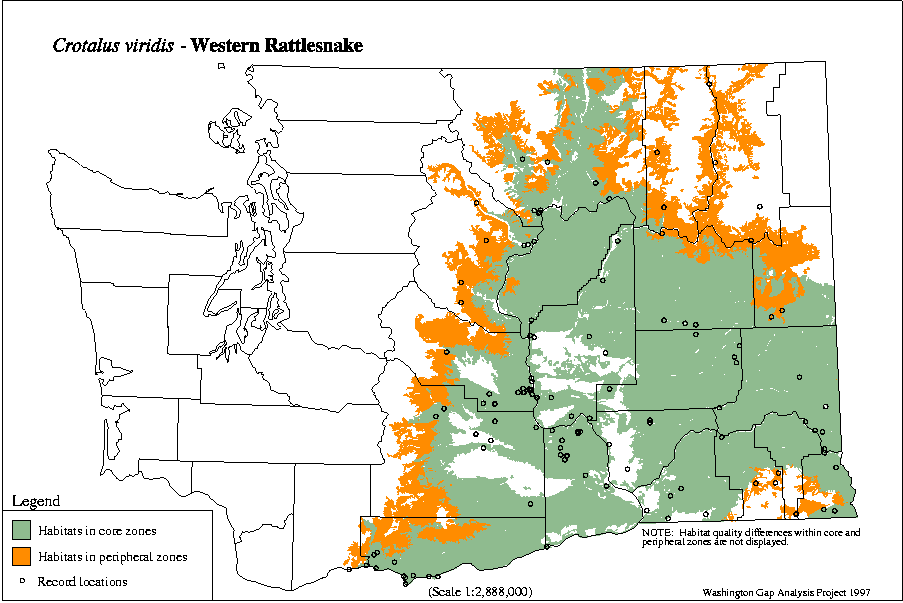 Range map for the Western rattlesnake in Washington